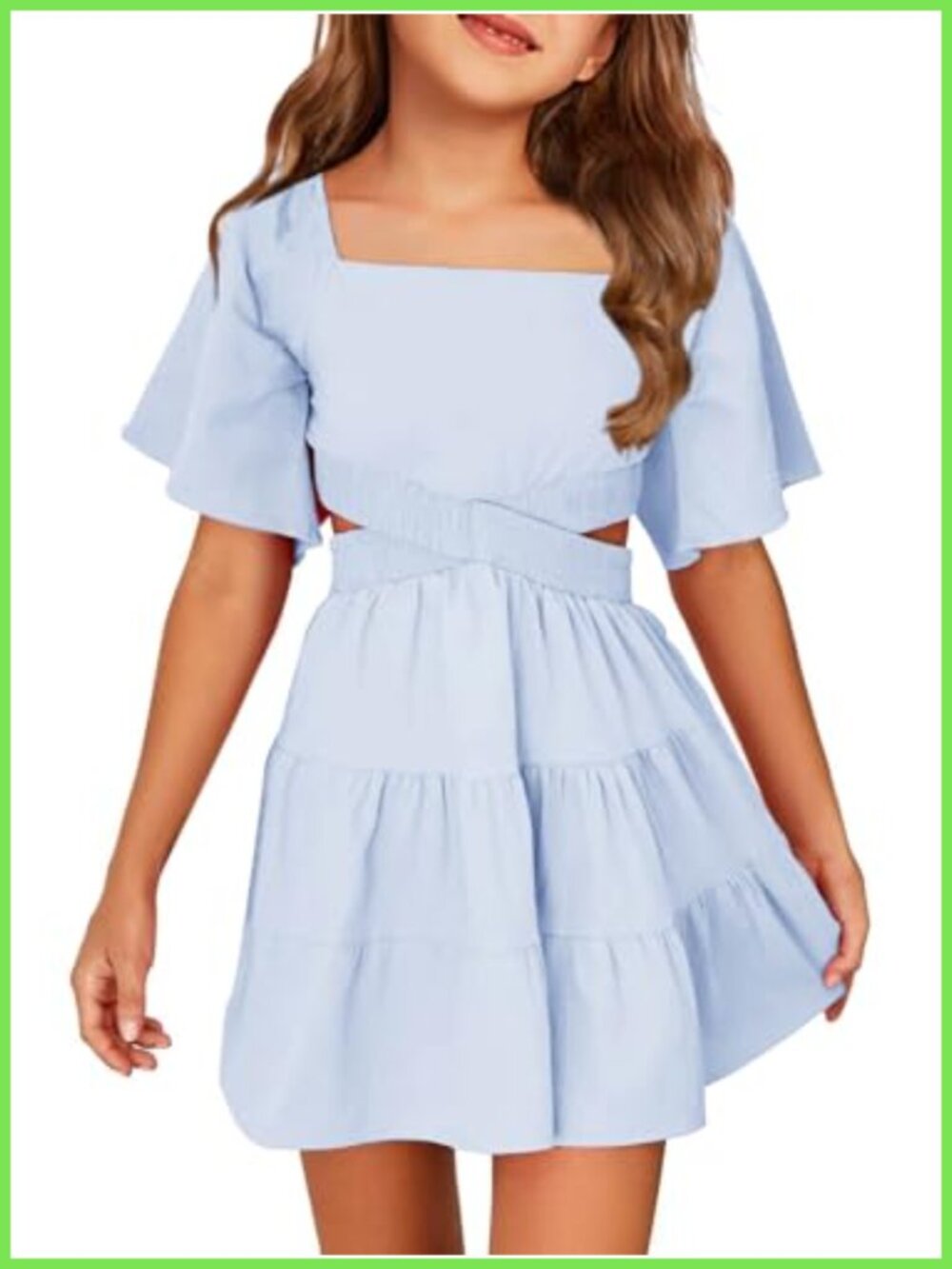 Girls Summer A-Line Mini Dress Square Neck Smocked Cotton Crossover Waist